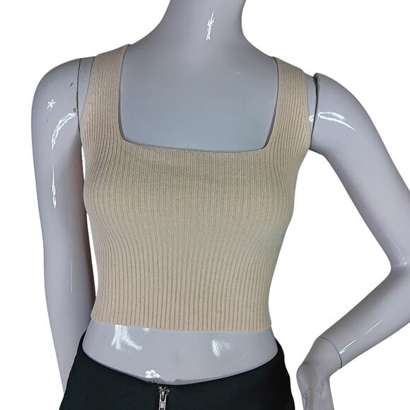 Be Cool Crop Knit Top Size Small / Medium Ribbed Beige Lightweight Ties on Back - Picture 3 of 8